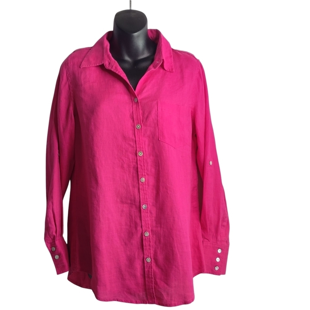 Soft Surroundings Bright Pink 100% Linen Button Front Shirt Size Small New
